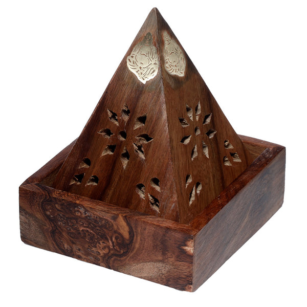 Sheesham Wood Pyramid Incense Cone Burner Box with Buddha & Fretwork IF245 by Puckator