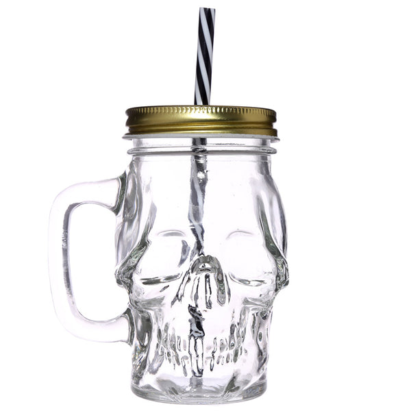 Glass Drinking Jar with Lid & Straw - Skull Shaped JAR29-0