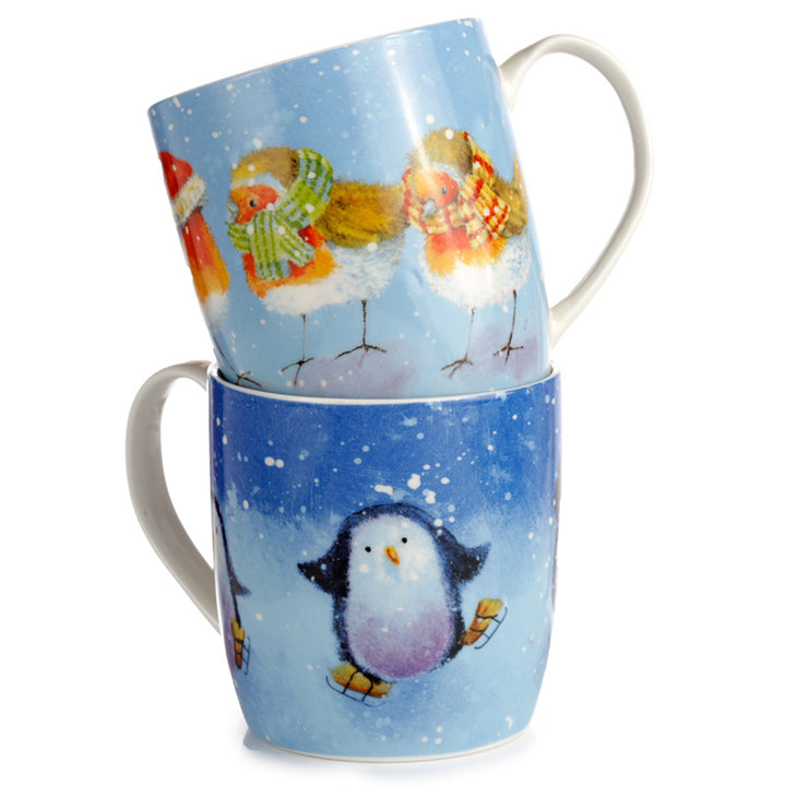 Set of 2 Porcelain Christmas Mugs - Jan Pashley Robin & Skating Penguin MUGS19-0