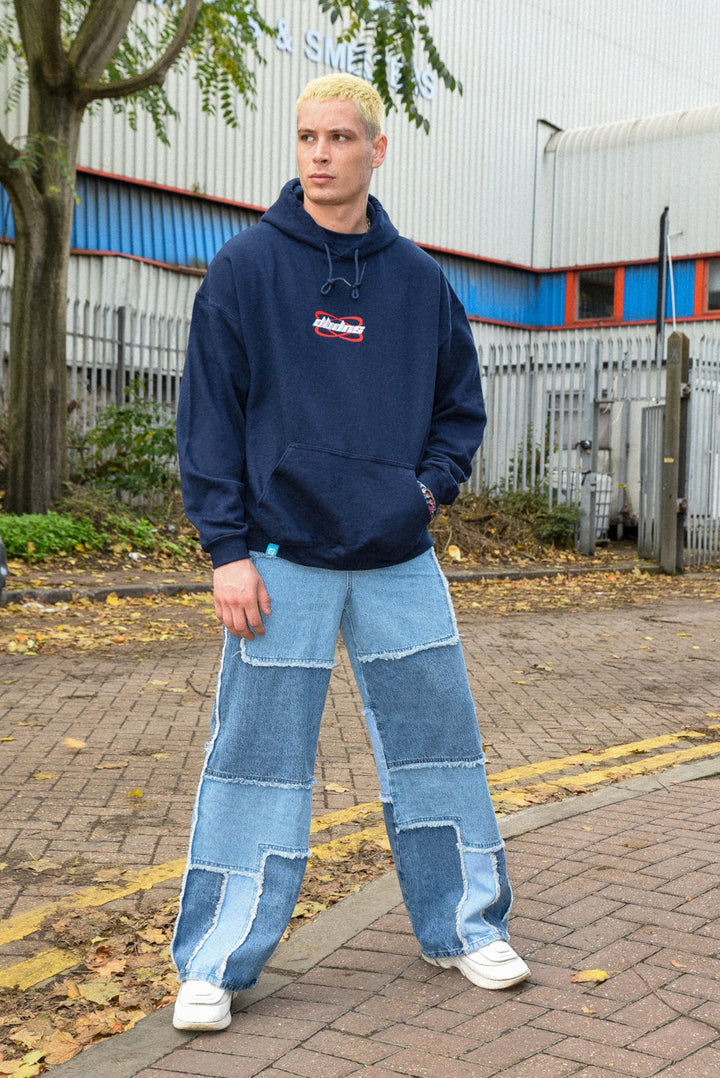 Hoodie in Navy With Futuristic Logo Embroidery by Dreambutdonotsleep