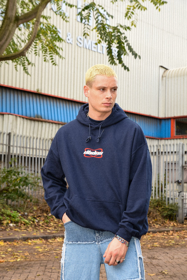 Hoodie in Navy With Futuristic Logo Embroidery by Dreambutdonotsleep