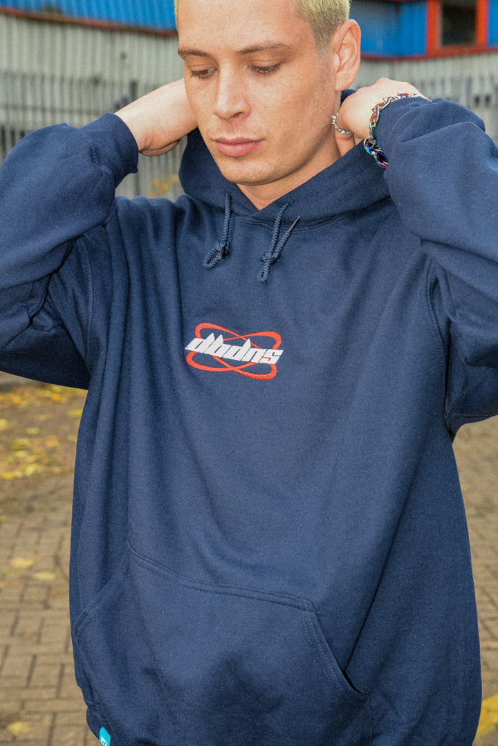 Hoodie in Navy With Futuristic Logo Embroidery by Dreambutdonotsleep