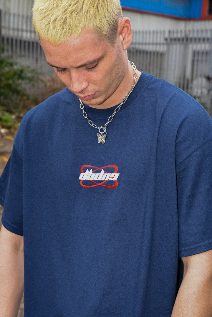 Short Sleeved T-shirt in Navy With Futuristic Logo Embroidery by Dreambutdonotsleep