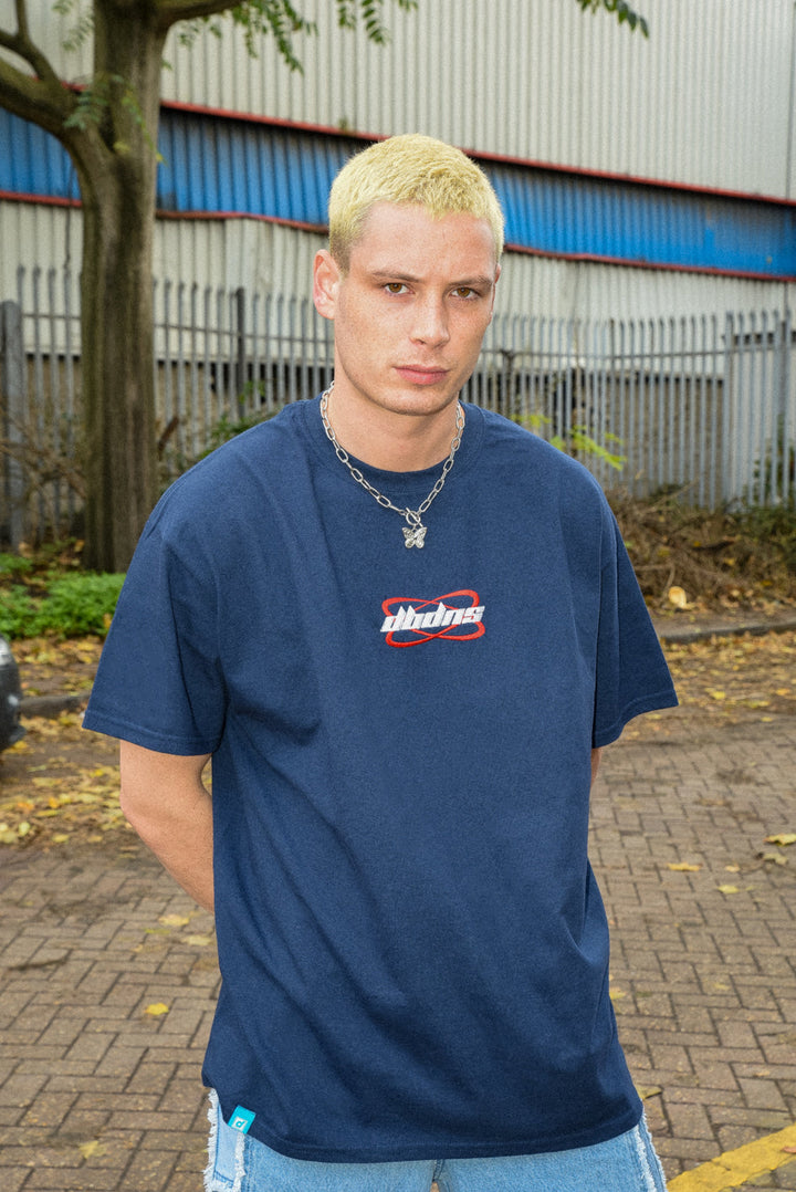 Short Sleeved T-shirt in Navy With Futuristic Logo Embroidery by Dreambutdonotsleep