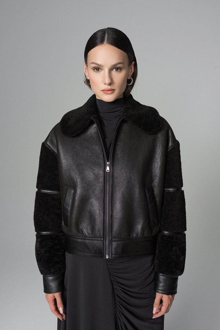 Black Oversized Shearling Leather Jacket by Buy Me Fur Ltd