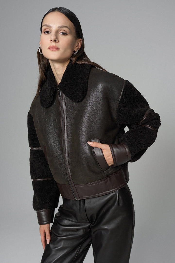 Brown Oversized Shearling Leather Jacket by Buy Me Fur Ltd