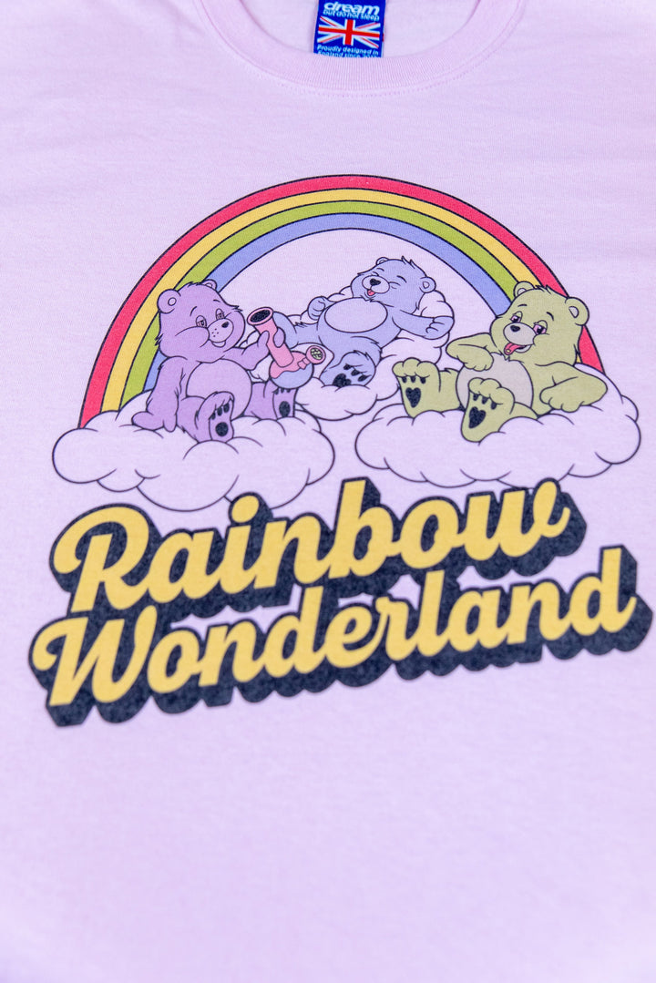 Short Sleeved T-Shirt in Light Pink with Rainbow Wonderland Print by Dreambutdonotsleep