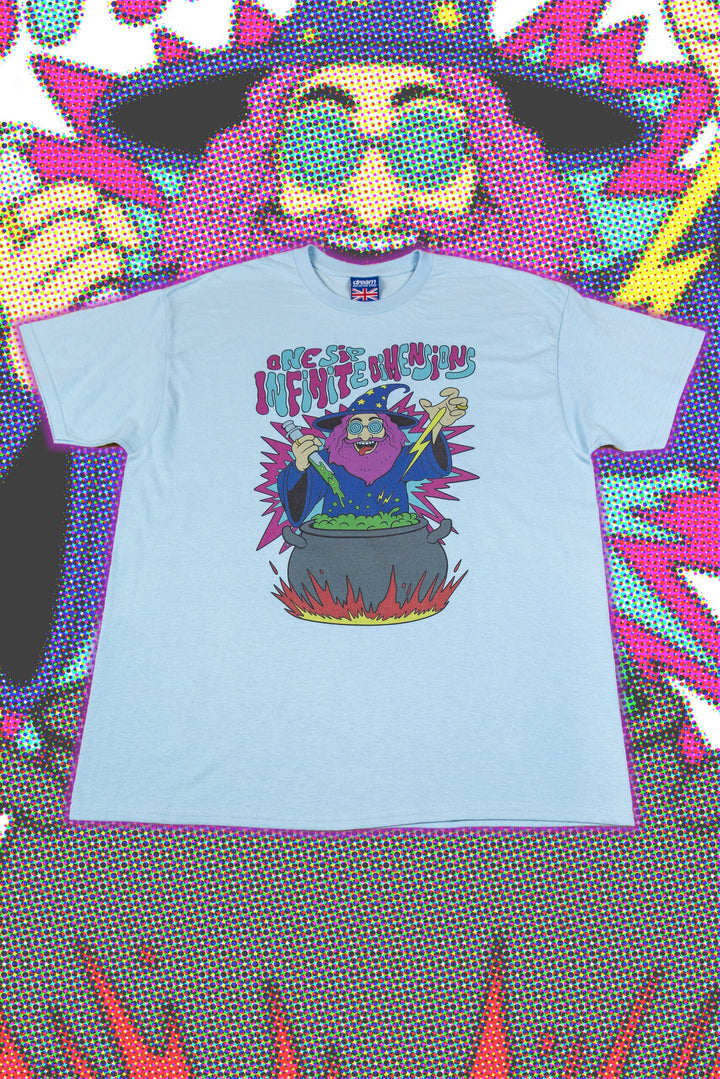 Short Sleeved T-Shirt in Light Blue with Tripping Wizard Print by Dreambutdonotsleep