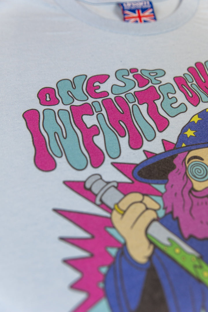 Short Sleeved T-Shirt in Light Blue with Tripping Wizard Print by Dreambutdonotsleep