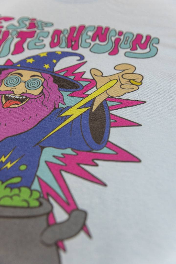 Short Sleeved T-Shirt in Light Blue with Tripping Wizard Print by Dreambutdonotsleep