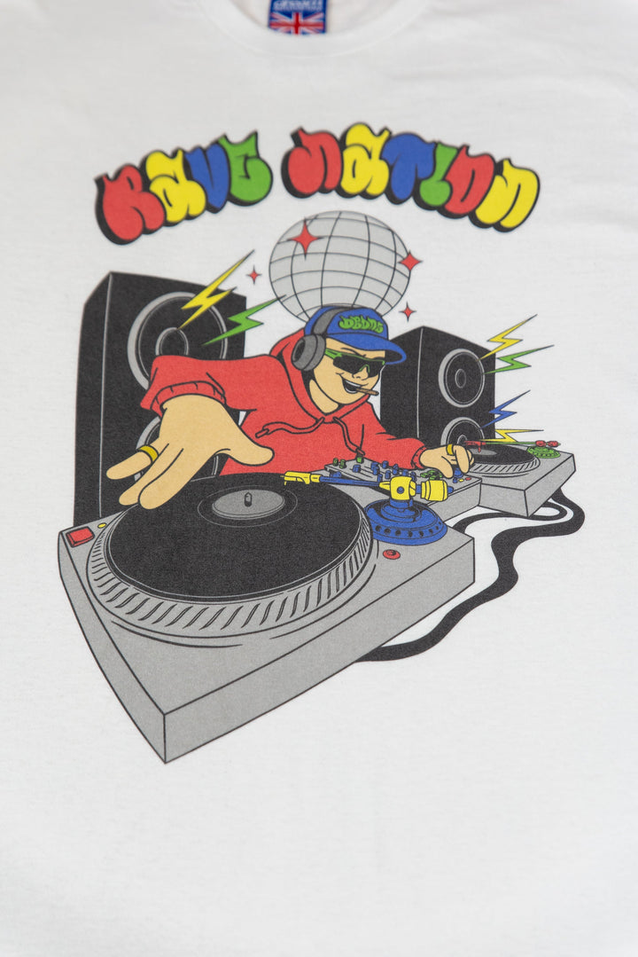 Short Sleeved T-Shirt in White with Rave Nation DJ Print by Dreambutdonotsleep