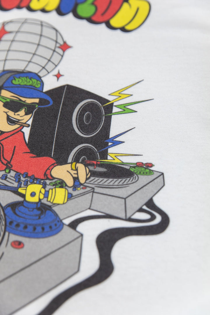 Short Sleeved T-Shirt in White with Rave Nation DJ Print by Dreambutdonotsleep