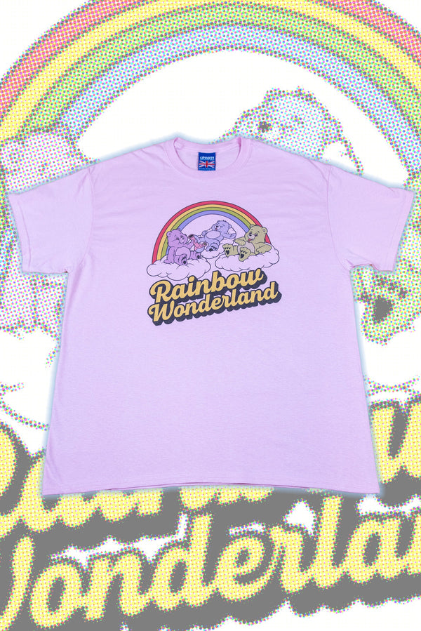 Short Sleeved T-Shirt in Light Pink with Rainbow Wonderland Print by Dreambutdonotsleep