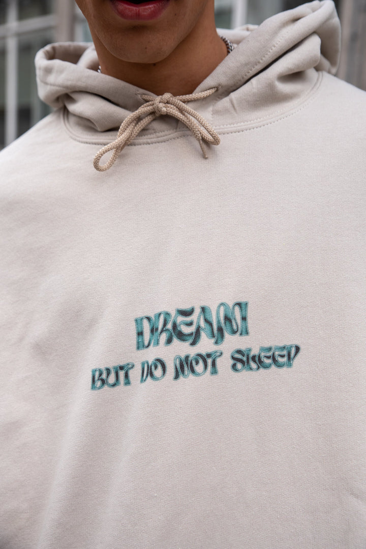 Hoodie in Sand with Cursive Logo Print by Dreambutdonotsleep