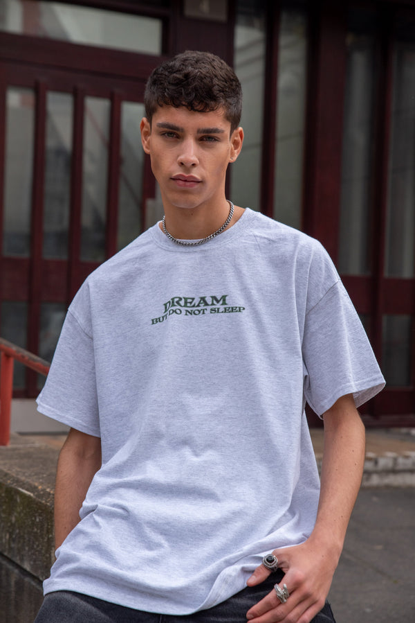 Short Sleeved T-shirt in Heather Grey With DBDNS Futuristic Logo Print by Dreambutdonotsleep