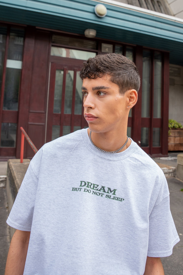 Short Sleeved T-shirt in Heather Grey With DBDNS Futuristic Logo Print by Dreambutdonotsleep