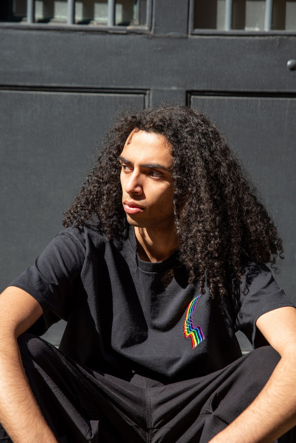 Short Sleeved T-shirt in Black with Futuristic Rainbow Embroidery by Dreambutdonotsleep