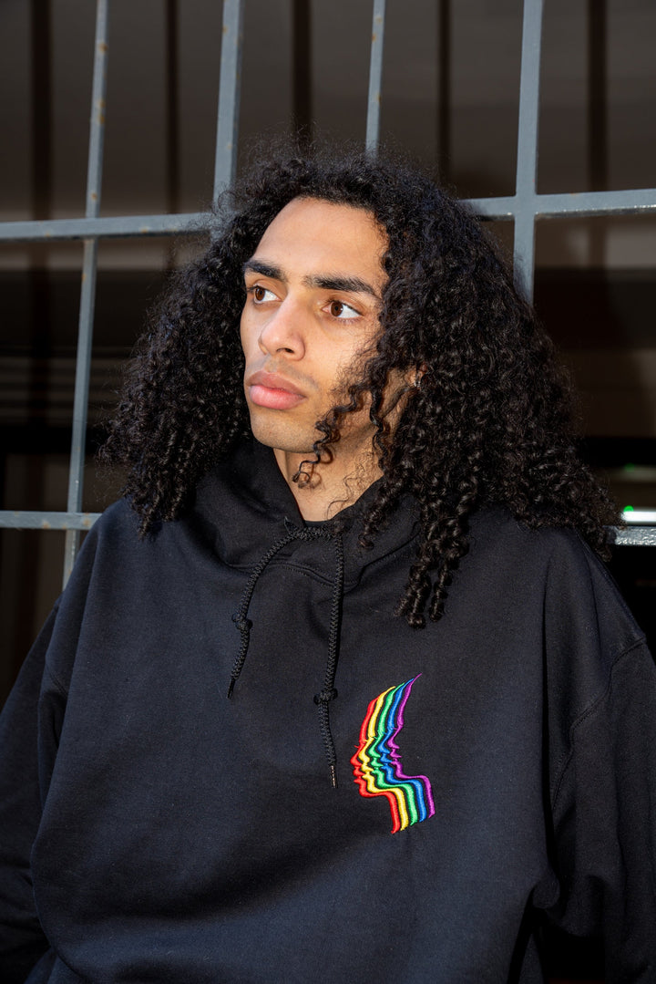 Hoodie in Black with Rainbow Futuristic Embroidery by Dreambutdonotsleep