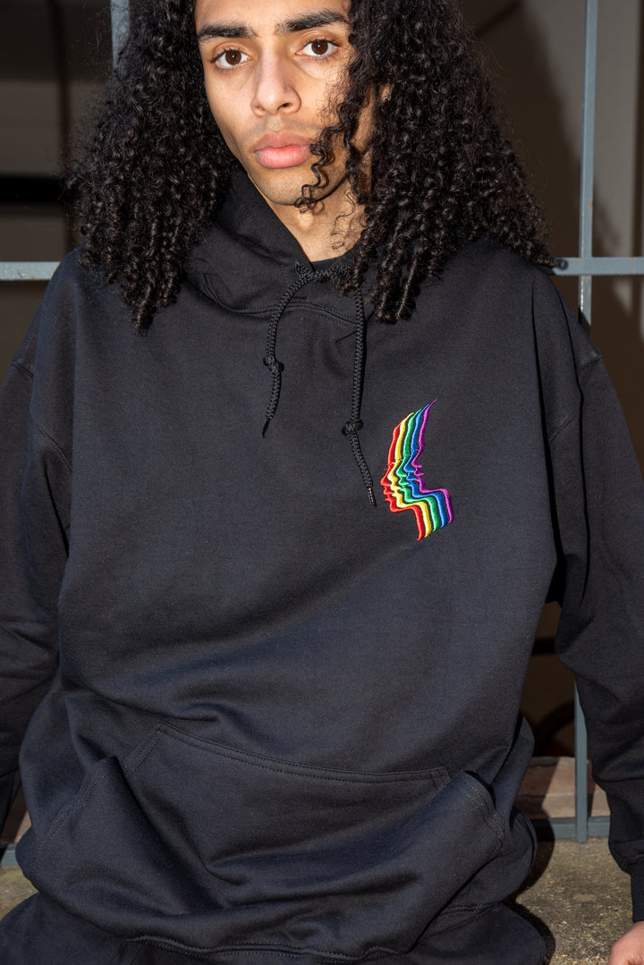 Hoodie in Black with Rainbow Futuristic Embroidery by Dreambutdonotsleep