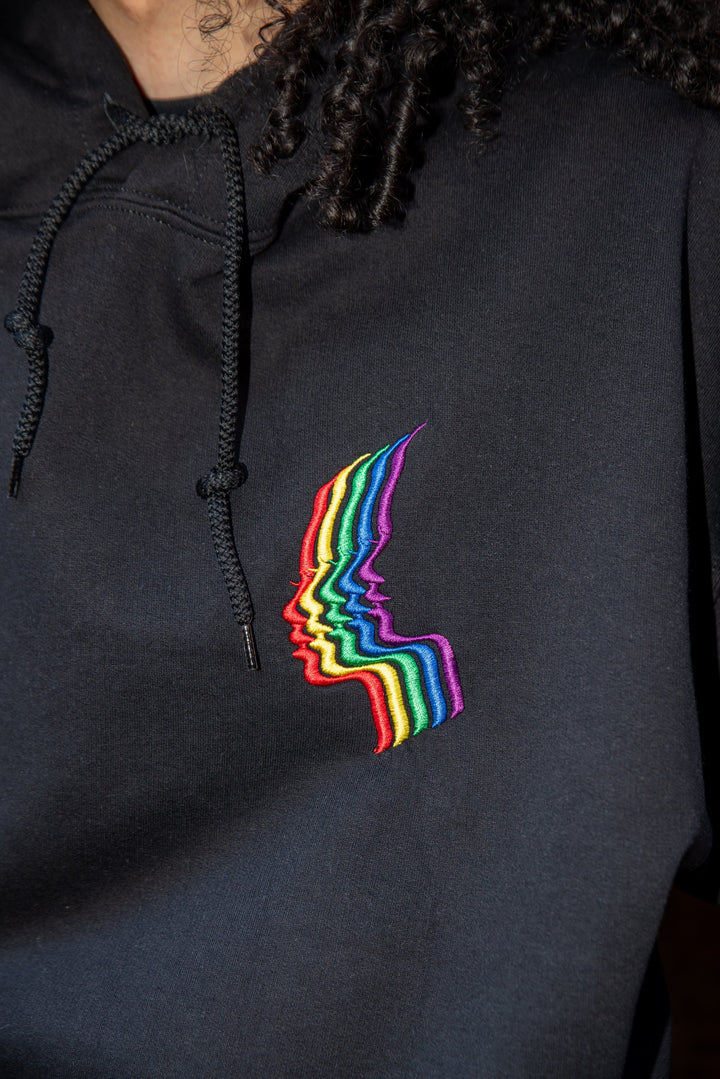 Hoodie in Black with Rainbow Futuristic Embroidery by Dreambutdonotsleep