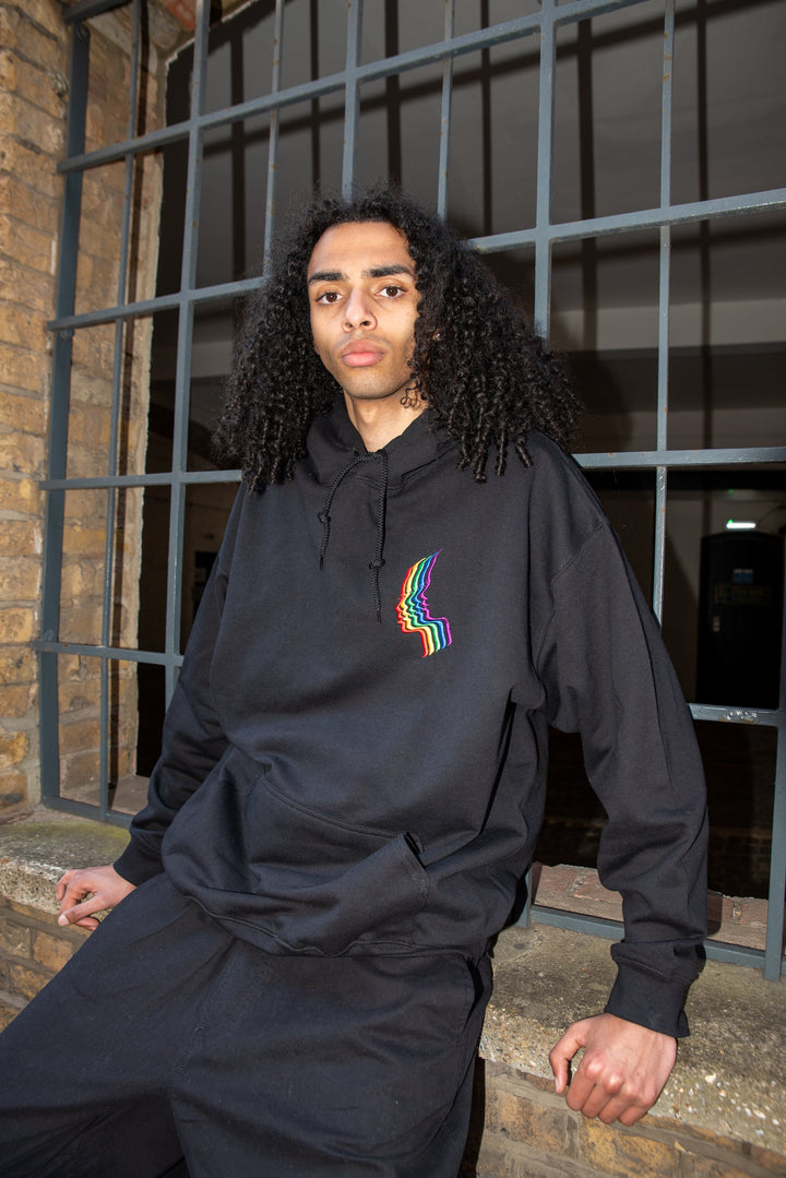 Hoodie in Black with Rainbow Futuristic Embroidery by Dreambutdonotsleep