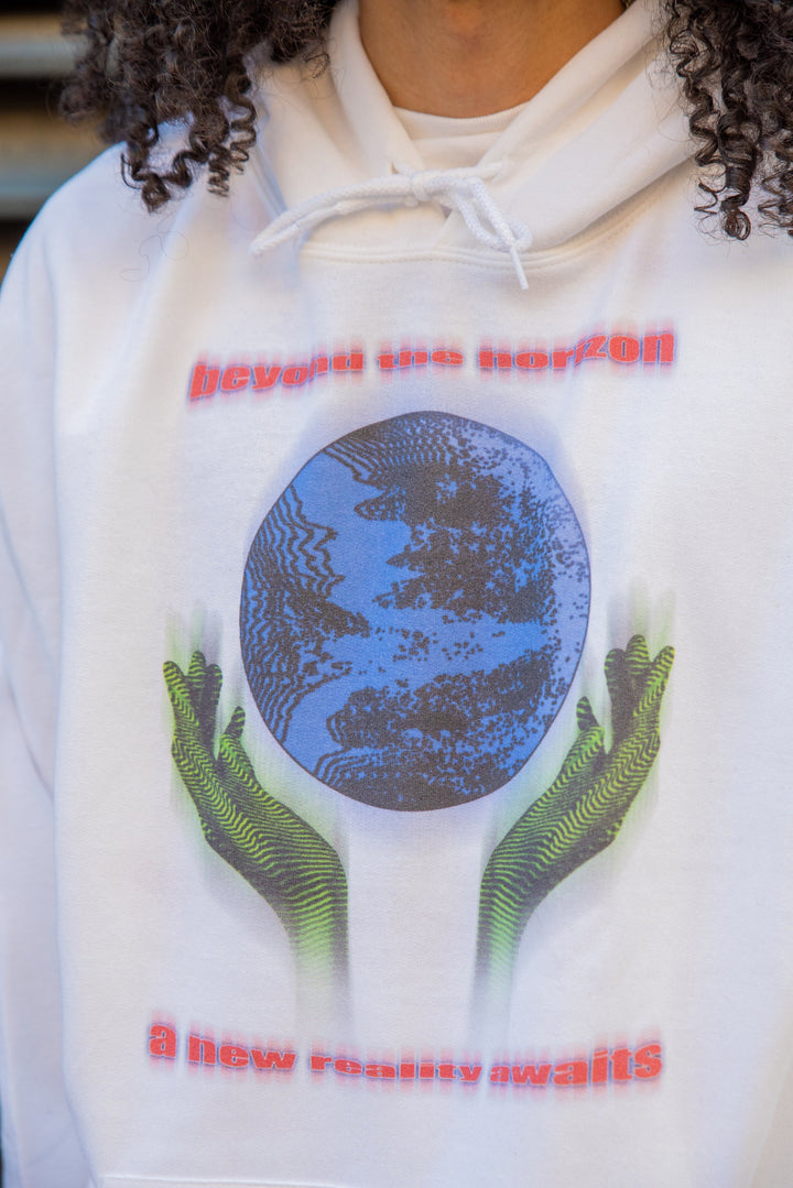 Hoodie in White with Beyond The Horizon Print by Dreambutdonotsleep