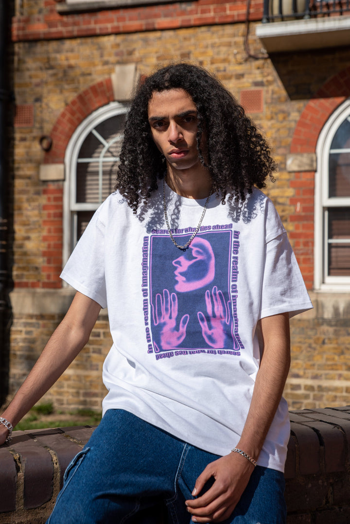 Short Sleeved T-shirt in White With The Realm Of Imagination Print Colour by Dreambutdonotsleep