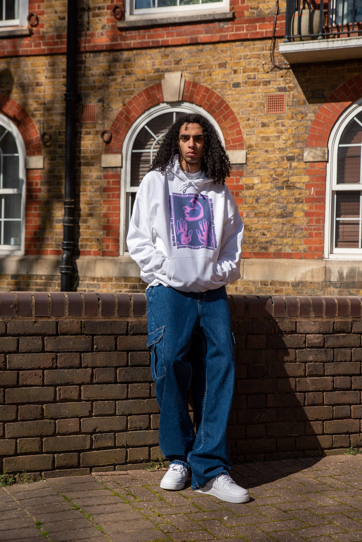 Hoodie in White With In The Realm of Imagination Print Colour by Dreambutdonotsleep