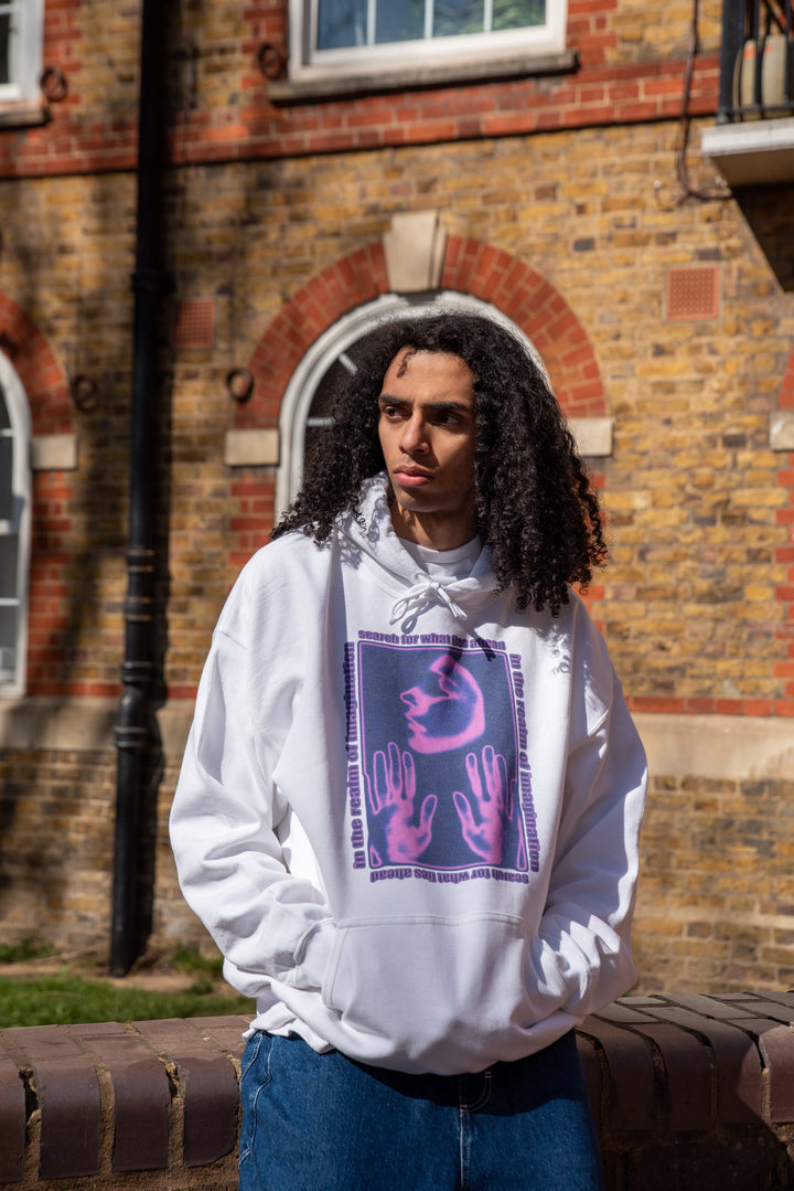 Hoodie in White With In The Realm of Imagination Print Colour by Dreambutdonotsleep