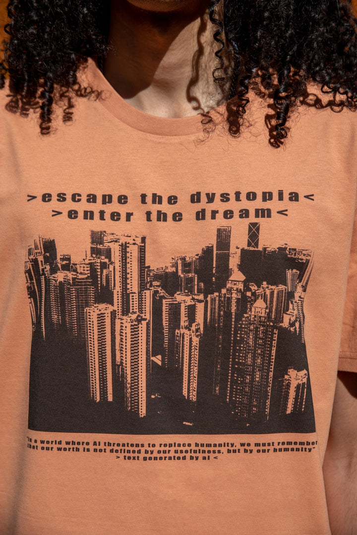 Short Sleeved T-shirt in Mushroom Brown In Escape The Dystopia Print by Dreambutdonotsleep