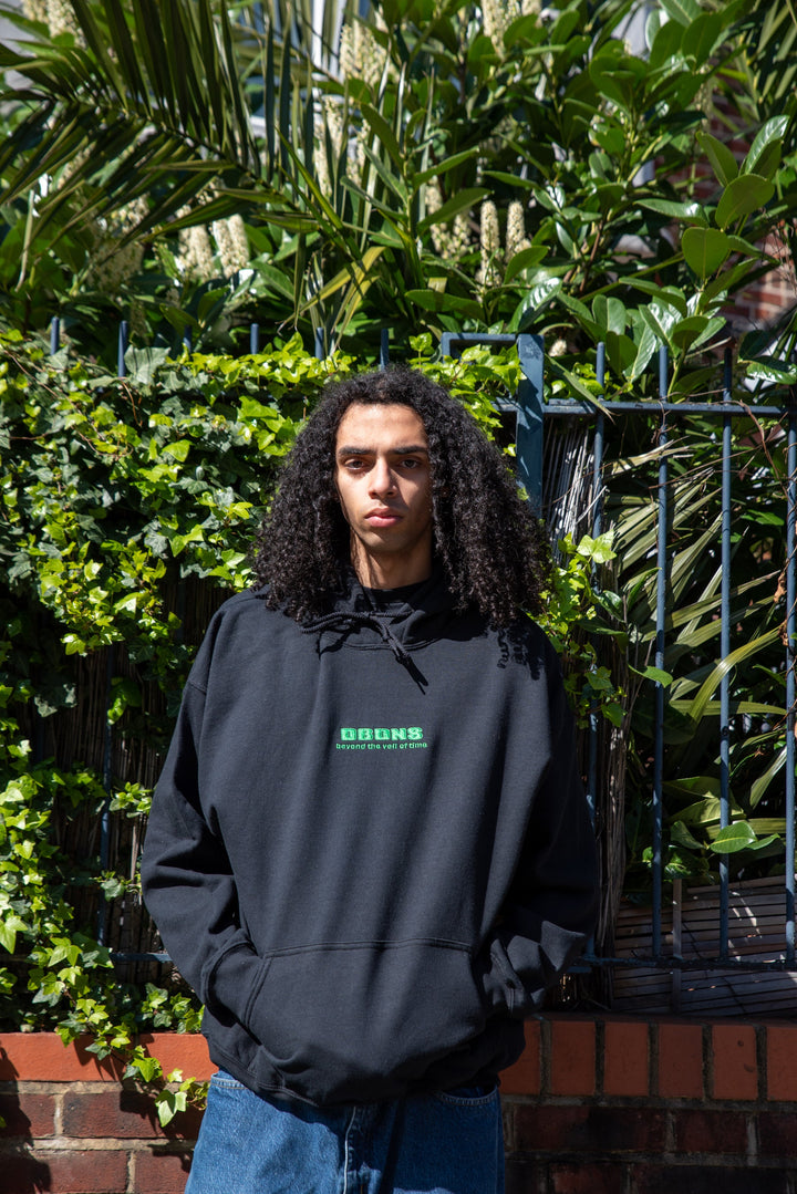 Hoodie in Black with Green Futuristic Logo Embroidery by Dreambutdonotsleep