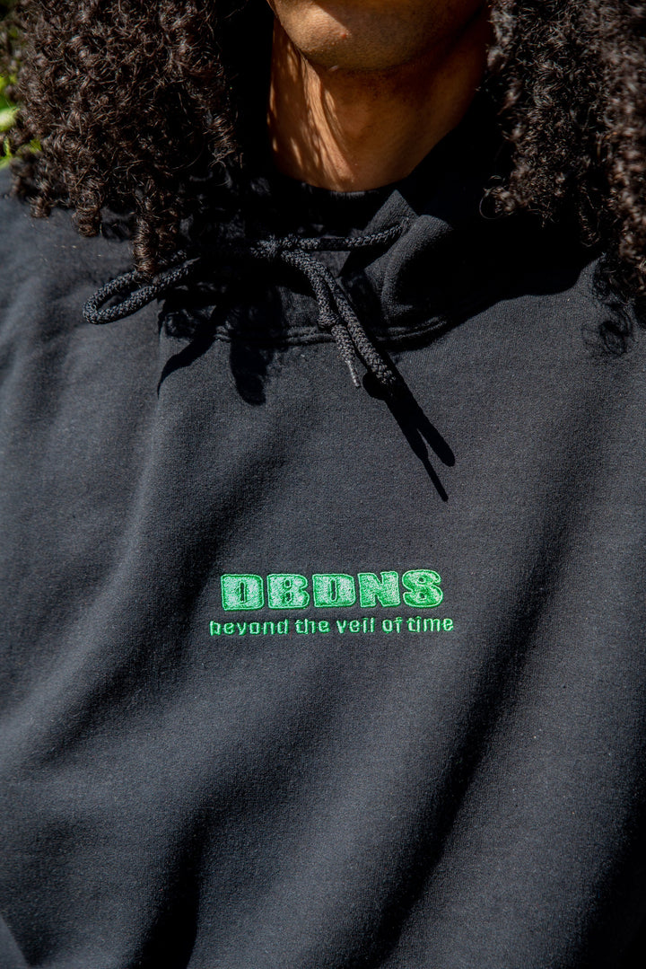 Hoodie in Black with Green Futuristic Logo Embroidery by Dreambutdonotsleep