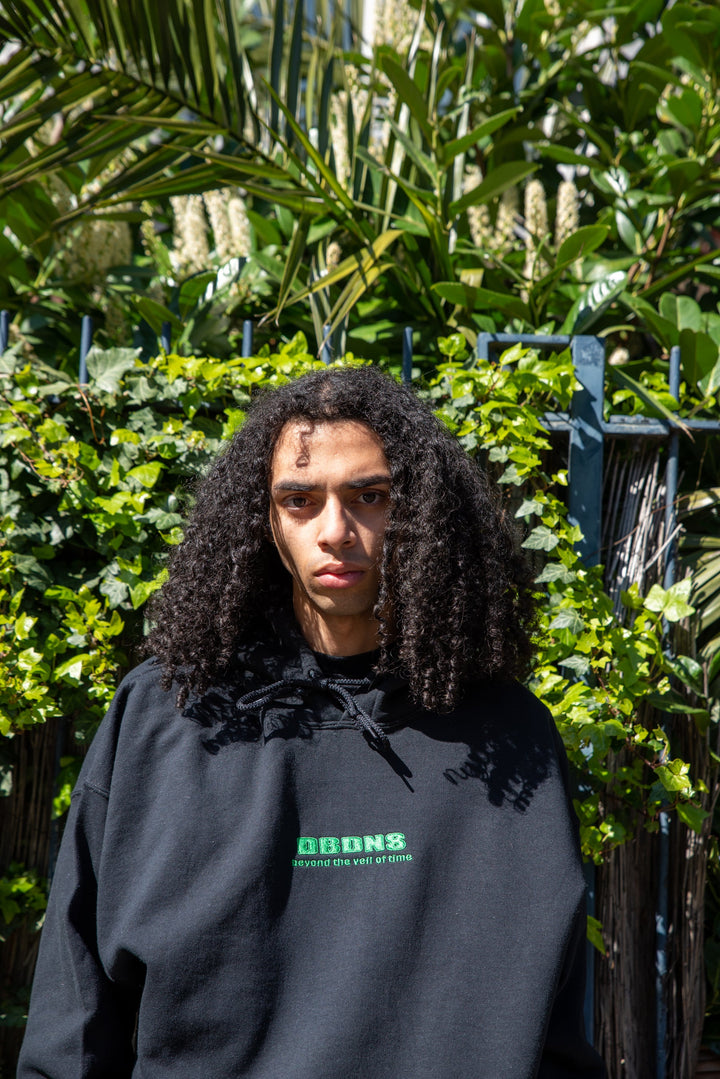 Hoodie in Black with Green Futuristic Logo Embroidery by Dreambutdonotsleep