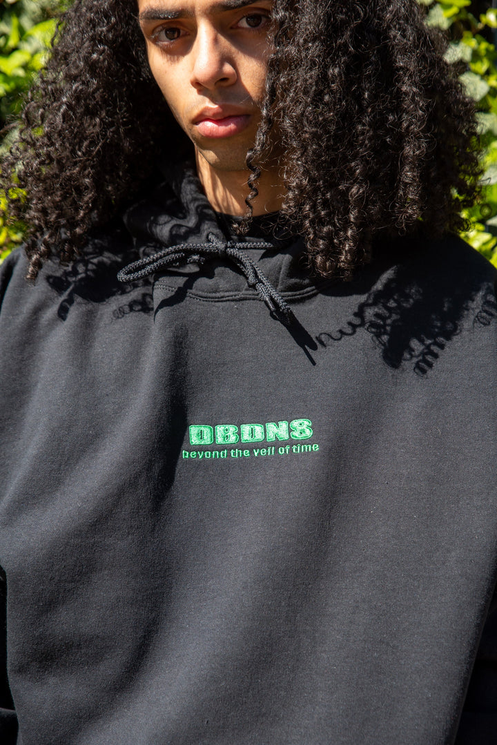 Hoodie in Black with Green Futuristic Logo Embroidery by Dreambutdonotsleep