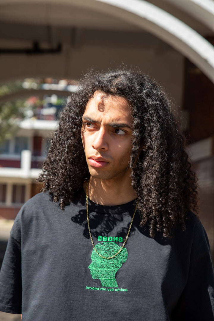 Short Sleeved T-shirt in Black with Beyond The Veil Of Time Embroidery by Dreambutdonotsleep