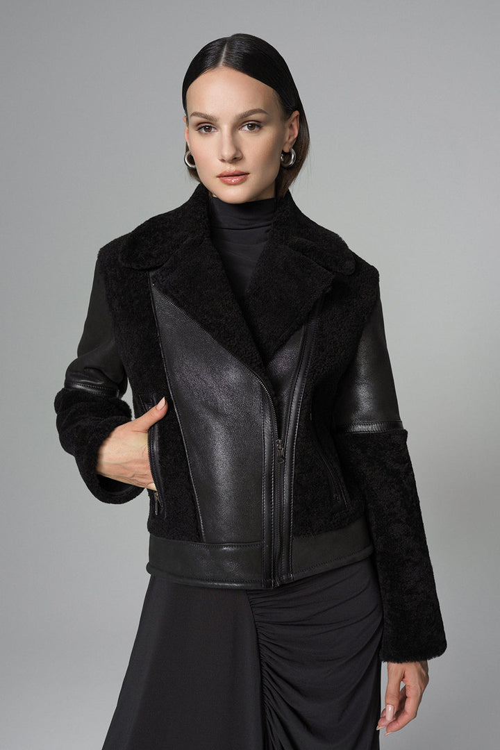 Black Shearling Leather Jacket by Buy Me Fur Ltd