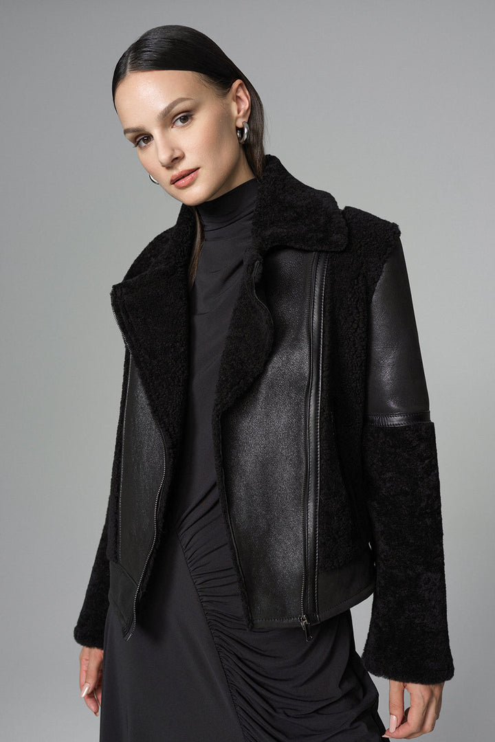 Black Shearling Leather Jacket by Buy Me Fur Ltd