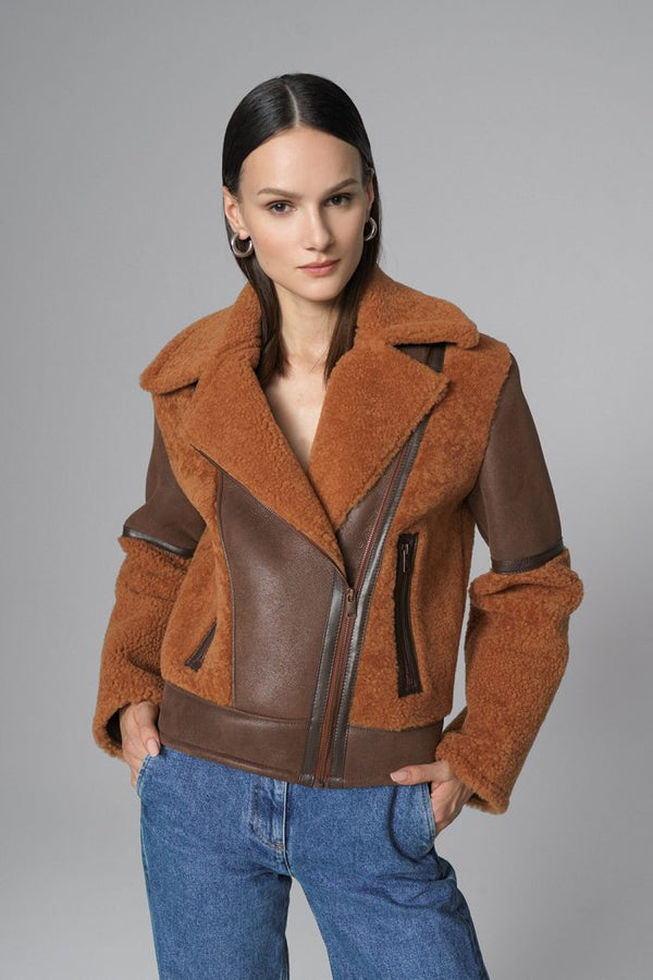 Cognac Shearling Leather Jacket by Buy Me Fur Ltd