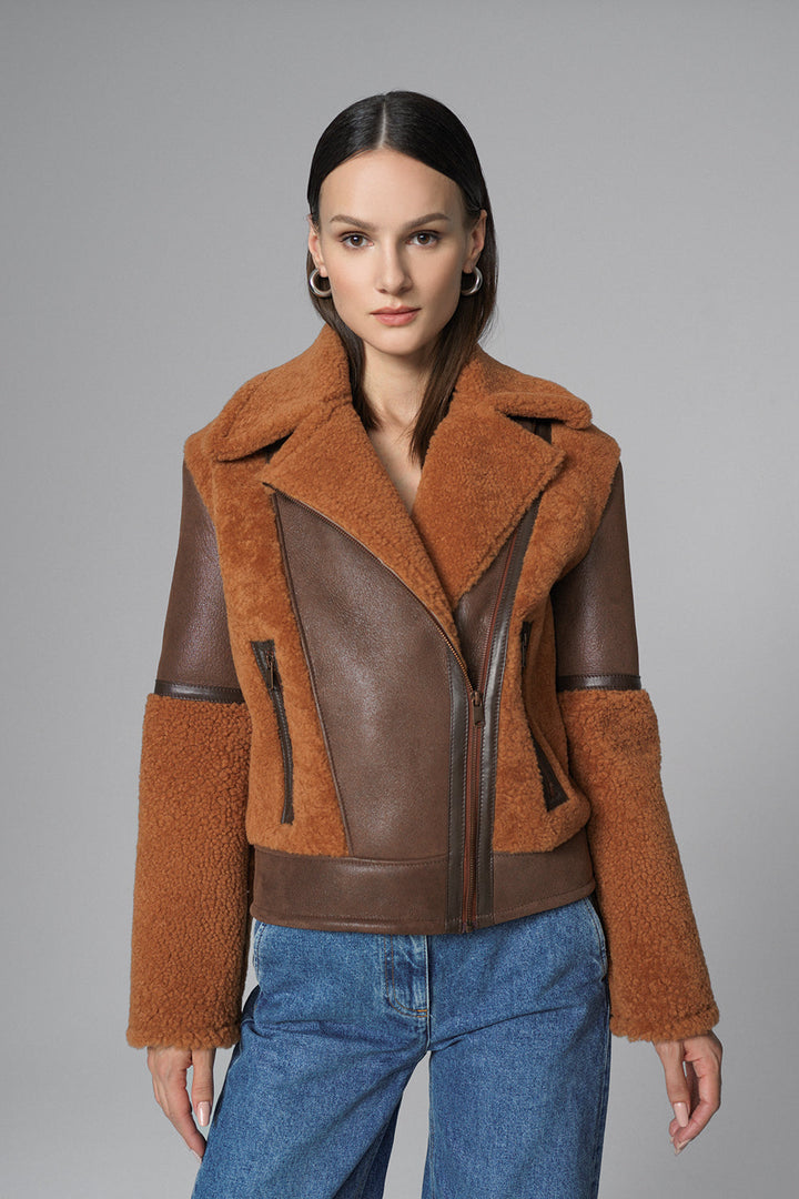 Cognac Shearling Leather Jacket by Buy Me Fur Ltd