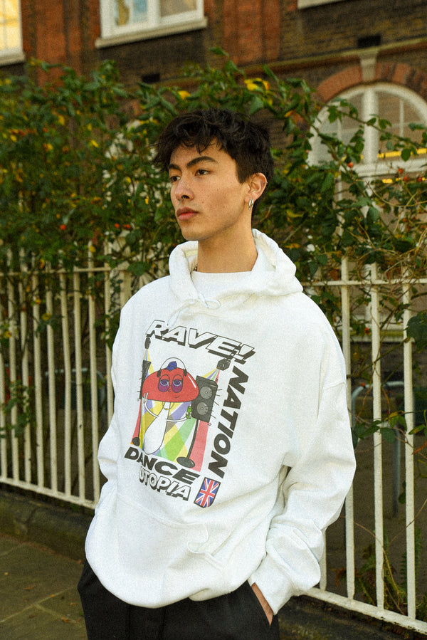 Hoodie in White with Mushroom Rave Nation Print-0