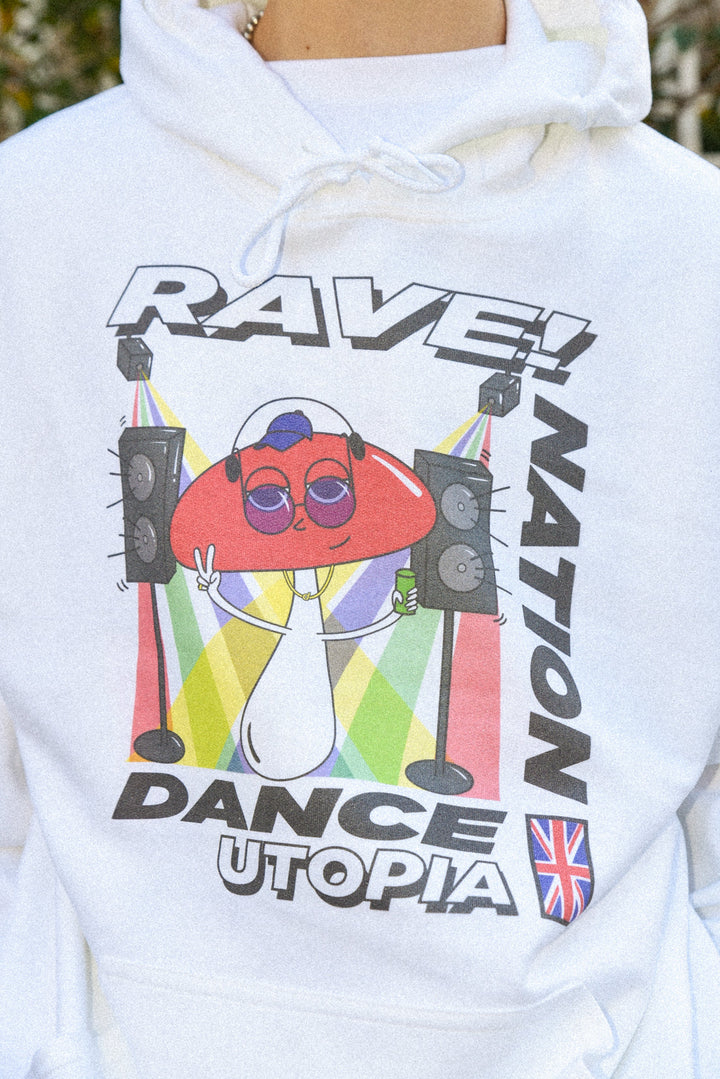 Hoodie in White with Mushroom Rave Nation Print by Dreambutdonotsleep