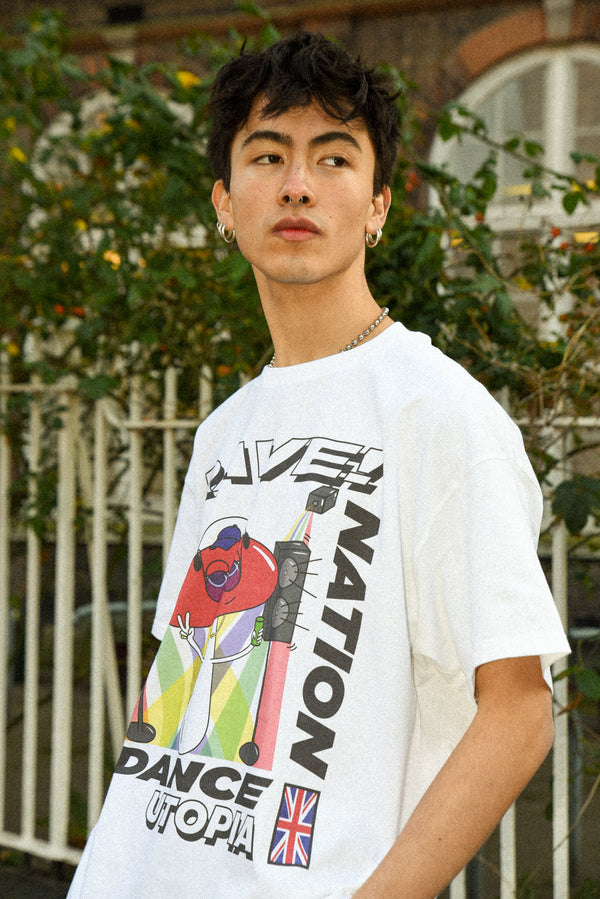 Short Sleeved T-shirt in White with Mushroom Rave Nation Print-0