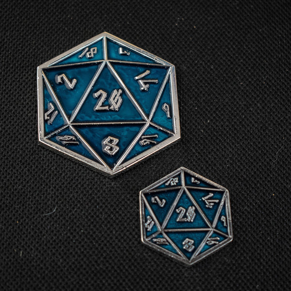 Aqua and Silver D20 Pin by Misty Mountain Gaming