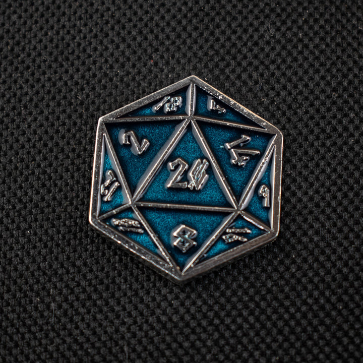 Aqua and Silver D20 Pin by Misty Mountain Gaming