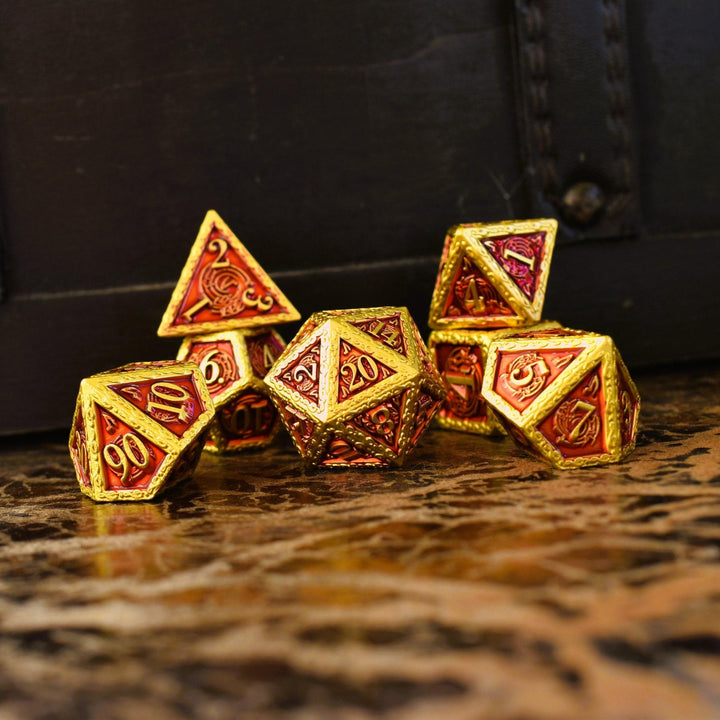 Ballad of the Bard Red and Gold Metal Dice Set by Misty Mountain Gaming