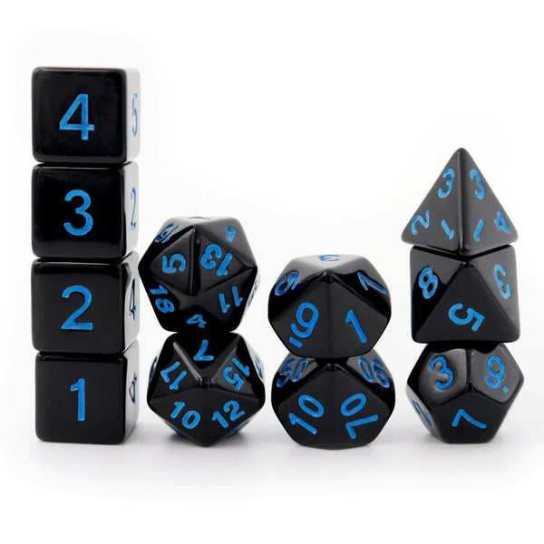 Black Dice with Blue Numbers, 11-Piece Set by Haxtec