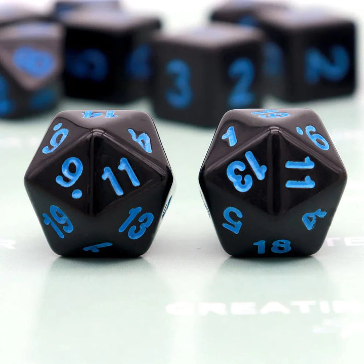 Black Dice with Blue Numbers, 11-Piece Set by Haxtec