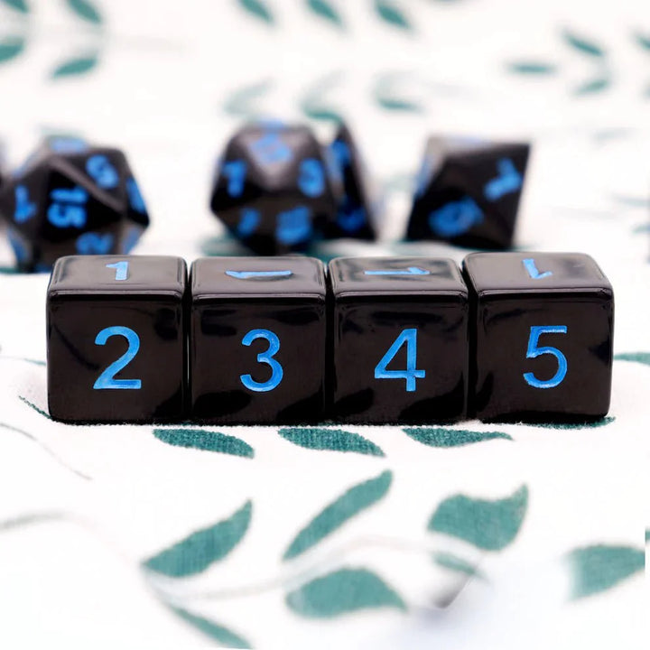 Black Dice with Blue Numbers, 11-Piece Set by Haxtec