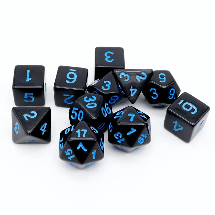 Black Dice with Blue Numbers, 11-Piece Set by Haxtec