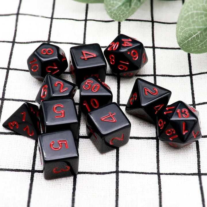 Black Dice with Red Numbers, 11-Piece Set by Haxtec